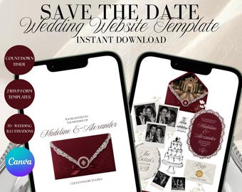 Old Money Burgundy Wedding Website Template | Editable Canva Wedding Website | Digital Wedding Invitation with RSVP Form