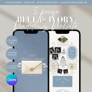 May include: A 5-page blue and ivory wedding website template for Canva featuring a built-in RSVP form and Google Form template. The design includes wedding illustrations, a countdown timer, and text reading Madeline & Alexander.