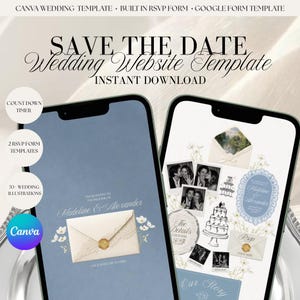 May include: A digital wedding website template displayed on two smartphones. The screens show a blue background with a white envelope graphic, floral illustrations, a countdown timer, RSVP form templates, and wedding photos with text.