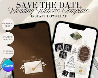 Brown Save The Date Wedding Website Template, Editable Canva Wedding Website with RSVP, Floral Envelope Digital Invitation, Instant Download