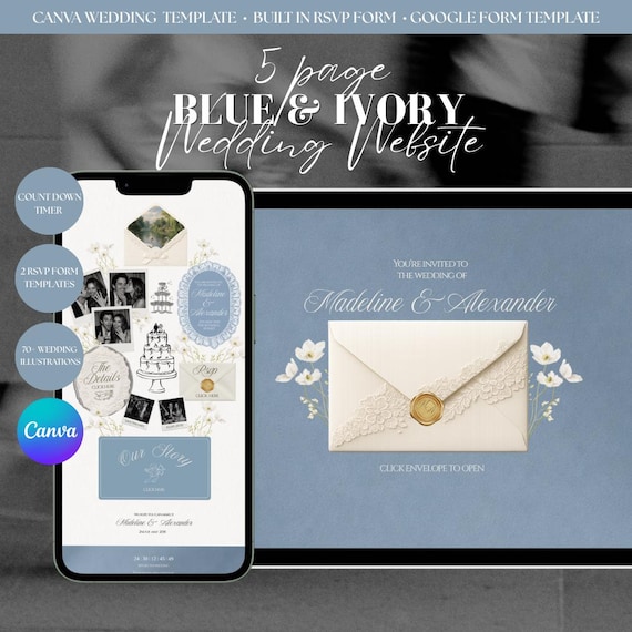 Dusty Blue Wedding Website Template, Editable Canva Wedding Website with RSVP, Digital Wedding Invitation, Blue Floral Wedding Website