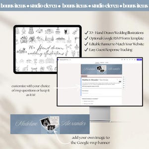 May include: A digital product set featuring 70+ hand-drawn wedding illustrations, an editable Google RSVP form template, and a customizable banner. The display shows a tablet with black and white sketches and a computer monitor with a wedding RSVP form.