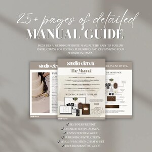 May include: A 25+ page detailed manual guide for a wedding website template. The document includes instructions for editing, publishing, and customizing in Canva, featuring a table of contents, step-by-step guides, and a navigation cheat sheet.
