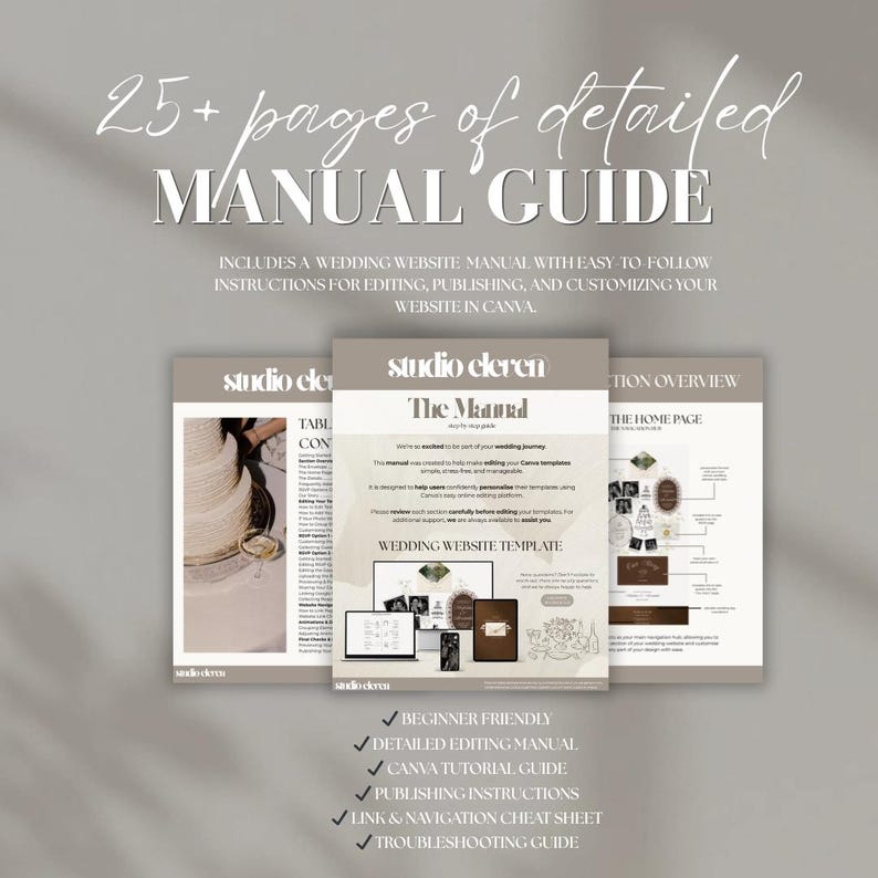 May include: A 25+ page detailed manual guide for a wedding website template. The document includes instructions for editing, publishing, and customizing in Canva, featuring a table of contents, step-by-step guides, and a navigation cheat sheet.
