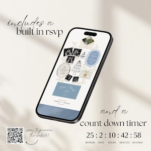 May include: A smartphone displaying a wedding website template with a built-in RSVP and countdown timer. The screen features black and white photos, a blue oval frame, a cake illustration, and a blue rectangle labeled Our Story. A QR code is visible.