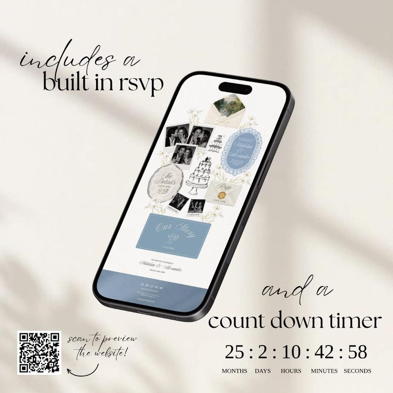 May include: A smartphone displaying a wedding website template with a built-in RSVP and countdown timer. The screen features black and white photos, a blue oval frame, a cake illustration, and a blue rectangle labeled Our Story. A QR code is visible.
