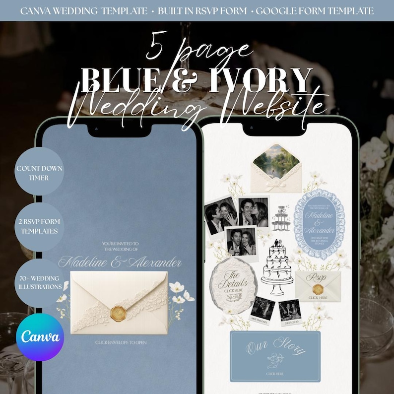 May include: A five-page blue and ivory wedding website template for Canva featuring a built-in RSVP form and Google Form template. The design includes wedding illustrations, a countdown timer, and text reading Madeline & Alexander.
