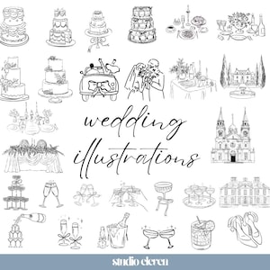 May include: A collection of black and white line art drawings featuring wedding themes, including tiered cakes, champagne glasses, a getaway car, a couple, table settings, a church, a manor, and shoes, with the text wedding illustrations.