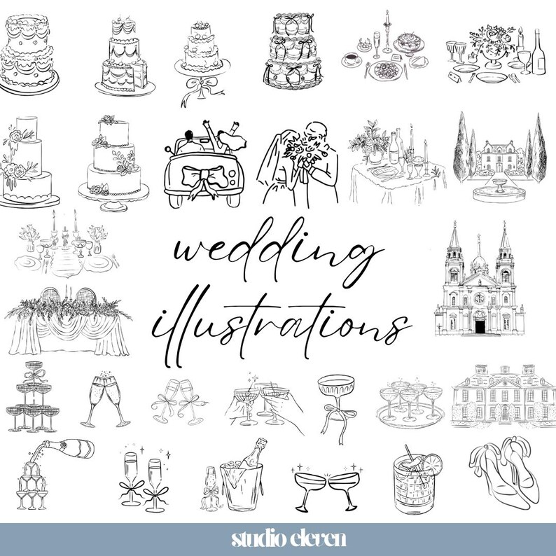 May include: A collection of black and white line art drawings featuring wedding themes, including tiered cakes, champagne glasses, a getaway car, a couple, table settings, a church, a manor, and shoes, with the text wedding illustrations.