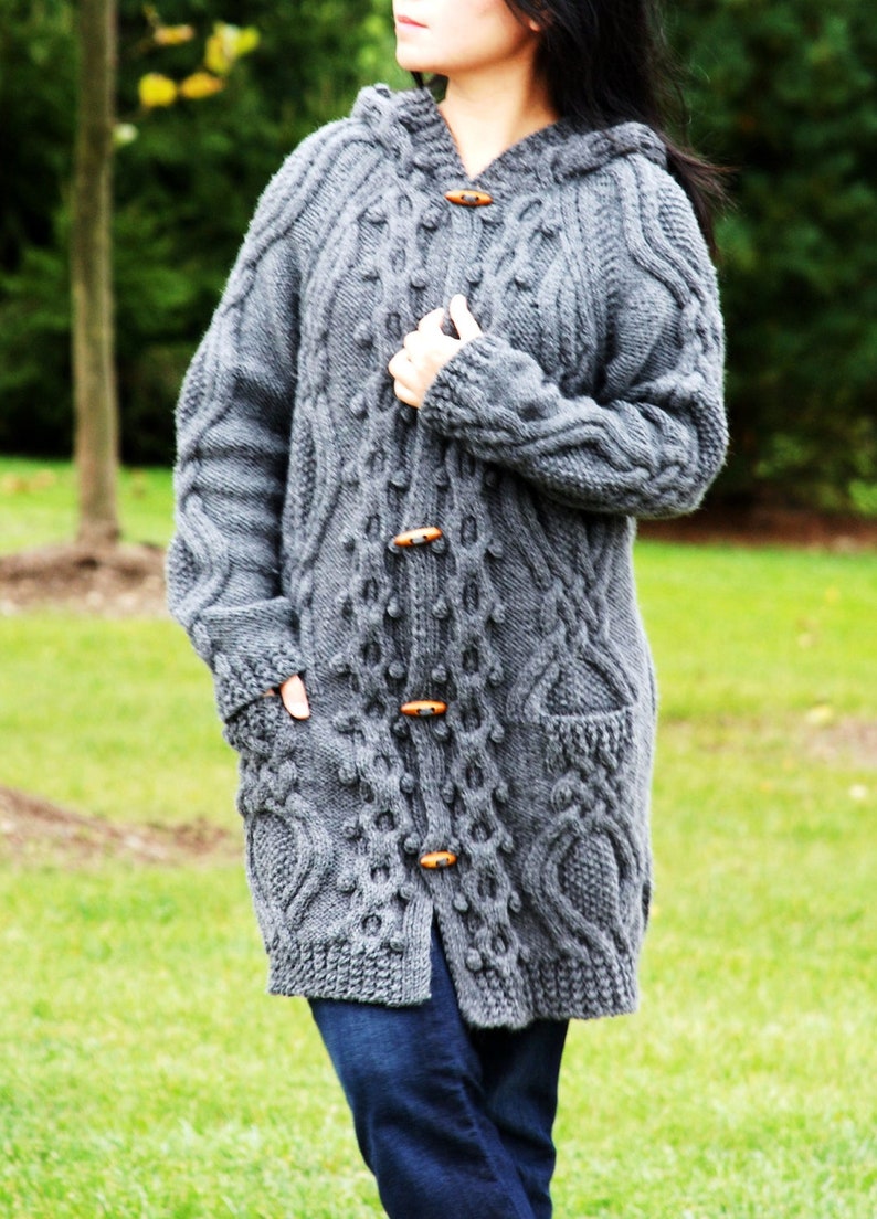 Hand Knit Women Chunky Cable Aran Irish Fisherman Sweater Coat Etsy
