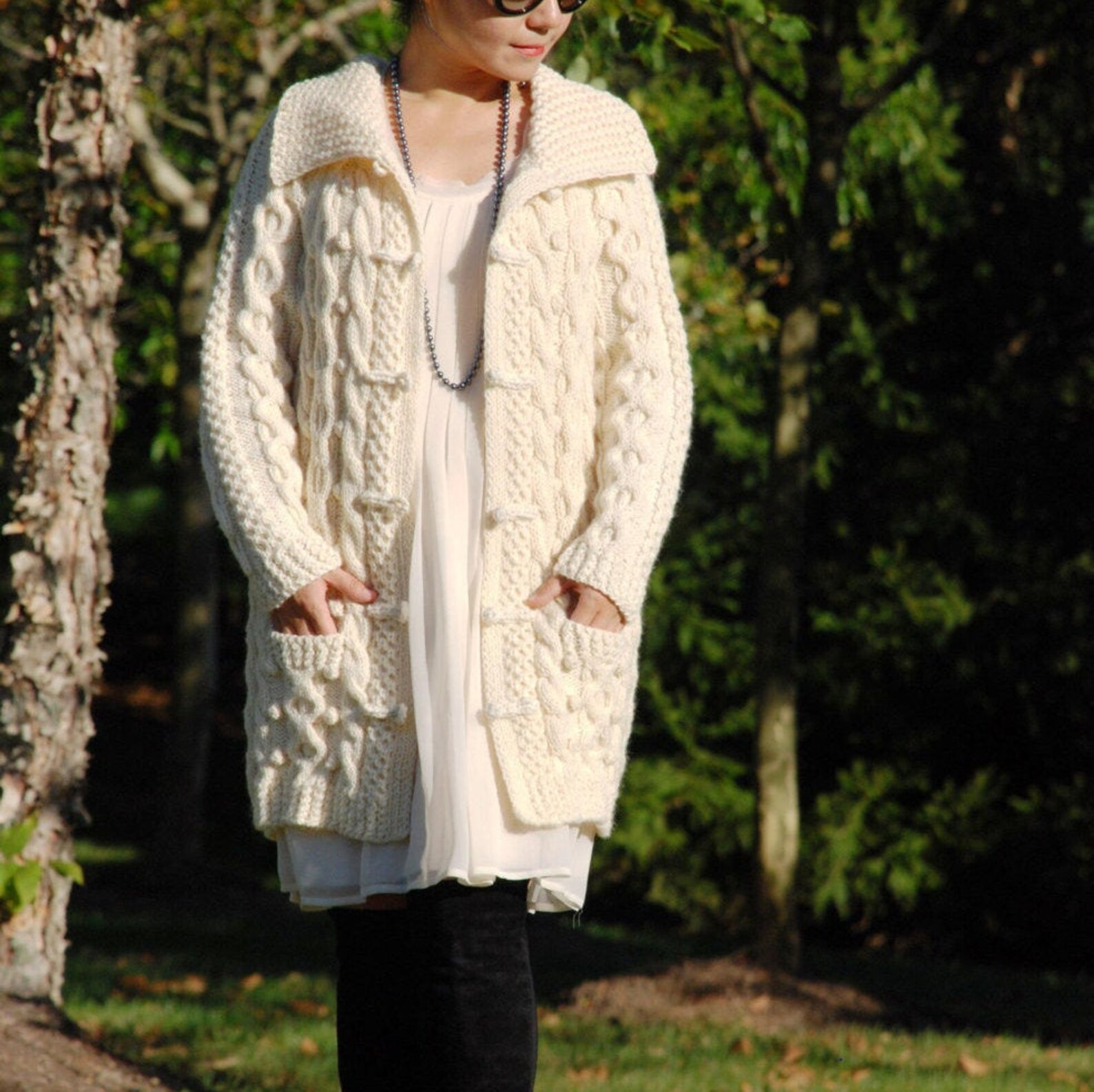 Hand Knit Women Chunky Cable Aran Irish Fisherman Sweater Coat Cardigan ...