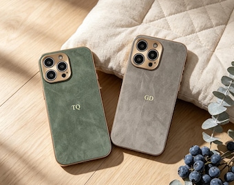 Custom Suede Leather iPhone Case with Initials, Personalized iPhone 16 15 14 Pro Max Cover