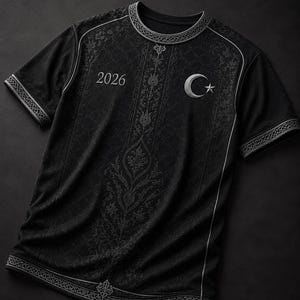 Puede incluir: Una camiseta negra de manga corta con un emblema plateado de una luna creciente y una estrella en el pecho derecho y el número 2026 a la izquierda. La prenda presenta un intrincado patrón floral oscuro en el centro y ribetes plateados.