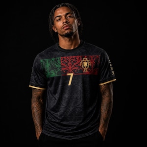 Portugal Inspired Black Football Jersey No. 7 – Premium Soccer Shirt, Gold Crest, Fan Jersey, Men’s Sportswear