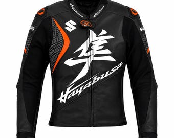 Hayabusa Racing Motorbike Leather Jacket - Genuine Cowhide Black Motorcycle Riding Jacket - CE Protective Armor Biker Leather Jacket