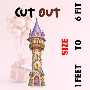Puede incluir: Una torre de piedra alta con techo cónico morado, ventanas arqueadas y puerta morada, decorada con enredaderas y flores. Un grupo de globos rosa claro y una caja de regalo están presentes. Texto: cut out, 6 FIT, SIZE TO 1 FEET.