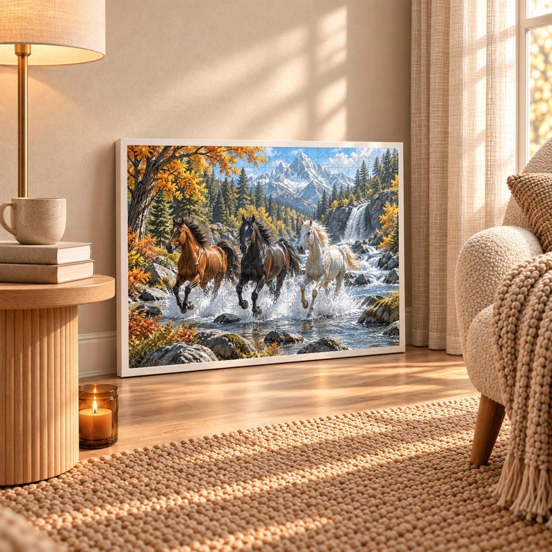 Tree Display Waterfall Running Horses Jigsaw Puzzle, Autumn Mountain Waterfall Scene, Majestic ...