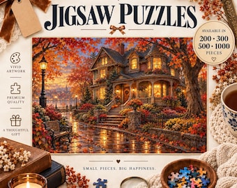 May include: A jigsaw puzzle box featuring a Victorian house in autumn with orange foliage, a streetlamp, and a bench. Text includes COZY MOMENTS, PIECE BY PIECE, JIGSAW PUZZLES, AVAILABLE IN 200 300 500 1000 PIECES, and SMALL PIECES. BIG HAPPINESS.