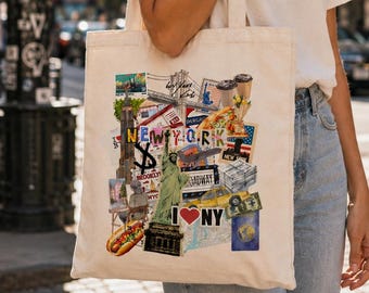 NYC Collage Tote Bag – New York City Cotton Canvas Travel Bag