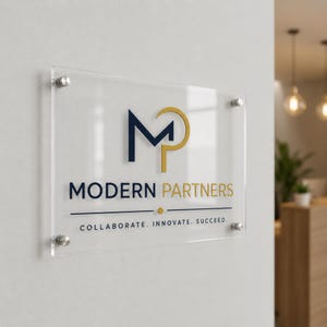 Op de afbeelding: Een rechthoekig bord van helder acryl, bevestigd met vier zilverkleurige metalen afstandhouders. Het bord bevat een donkerblauw en goudkleurig logo met de letters MP, de tekst MODERN PARTNERS en de slogan COLLABORATE. INNOVATE. SUCCEED. eronder.
