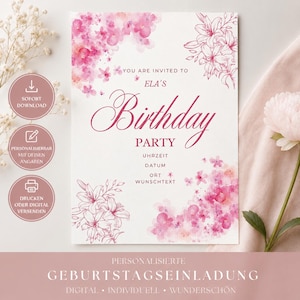 Könnte beinhalten: Eine rechteckige Geburtstagseinladungskarte mit rosa Aquarell-Blumenakzenten und Lilien-Strichzeichnungen. Der Text lautet: YOU ARE INVITED TO ELA'S Birthday PARTY UHRZEIT DATUM ORT WUNSCHTEXT. Das Design enthält drei kreisförmige Symbole auf der linken Seite.