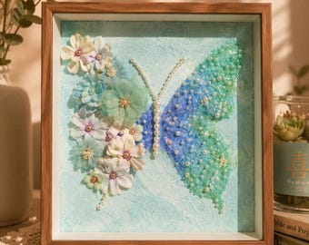 Cuadro de mariposa azul para pared, caja de sombras floral hecha a mano, decoración de marco de mariposa 3D, decoración de habitación estilo cottagecore