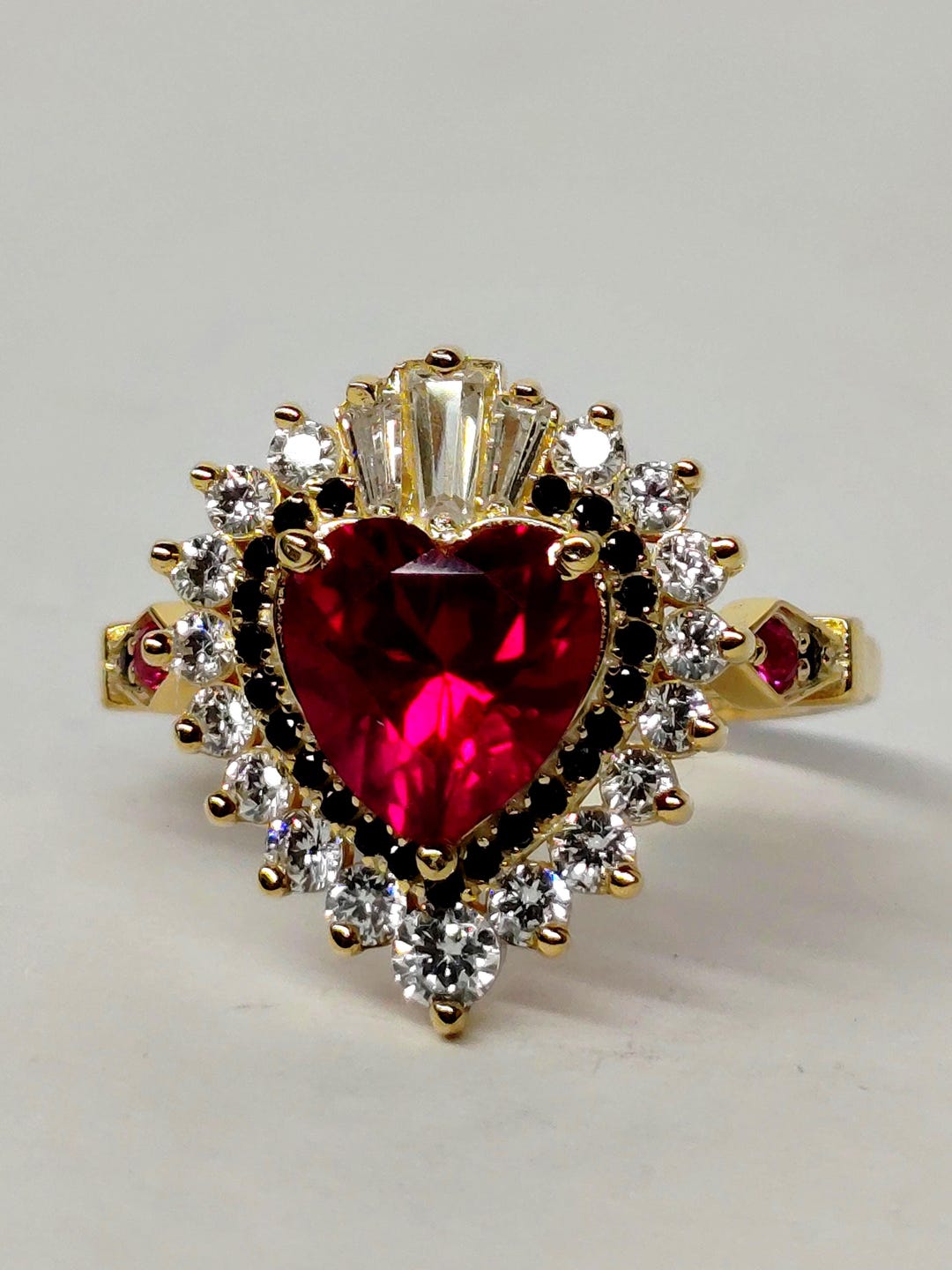 Sterling Silver Ruby Heart Halo Ring – Black CZ Engagement Band - Etsy