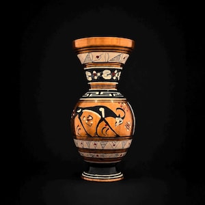 May include: A decorative vase featuring a warm orange and black colour palette with intricate hand-painted details. The design includes a central black animal figure, geometric patterns, and horizontal bands encircling the neck and base.