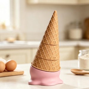 May include: A set of three stackable measuring cups shaped like an ice cream cone with a waffle texture. The cups are tan and feature markings for 1/3 cup and 1/4 cup. They are held in a light pink base that resembles a puddle of melted ice cream.