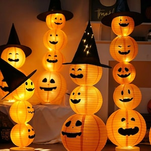 Stacked Pumpkin Lantern with Witch Hat, Light Up Paper Decor, Indoor Halloween Home Fall
