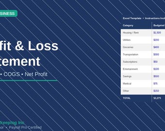 Profit  Loss Statement Template | Excel | Small Business PL | Revenue, Expenses Net Profit