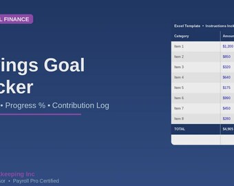 Savings Goal Tracker | Excel Template | Track 10 Goals | Progress % | Monthly Contribution Log