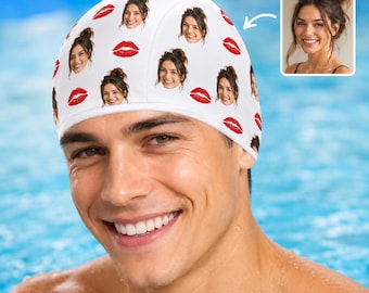 Custom Face Swim Cap, Personalized Photo Swimming Cap, Funny Kiss Lips Pool Cap, Couple Gift, Adult Kids Swim Hat