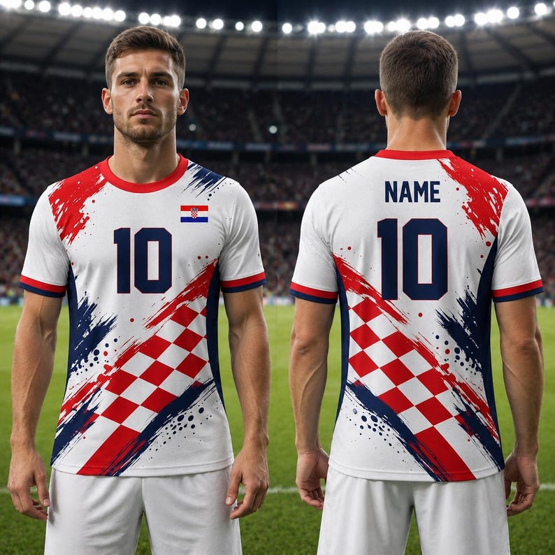 May include: White soccer jersey with red, white, and blue accents, featuring the number 10 and the Croatian flag. The jersey has a checkered pattern and the word "NAME" on the back.