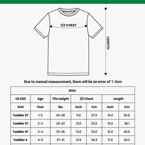 May include: White kid's soccer jersey shirt with measurements chart. The chart includes US sizes, age, weight, chest, and length in inches and centimeters. The shirt sizes range from Toddler 2T to 5T.