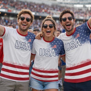 Pu&ograve; includere: Tre persone indossano magliette bianche con un design patriottico rosso, bianco e blu. Le maglie presentano la scritta USA, una piccola bandiera americana, una zona delle spalle blu con motivo a stelle e strisce orizzontali rosse sul fondo.