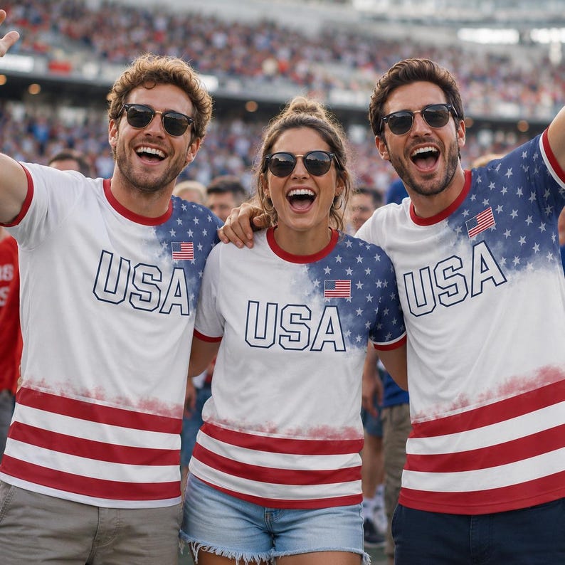 Pu&ograve; includere: Tre persone indossano magliette bianche con un design patriottico rosso, bianco e blu. Le maglie presentano la scritta USA, una piccola bandiera americana, una zona delle spalle blu con motivo a stelle e strisce orizzontali rosse sul fondo.