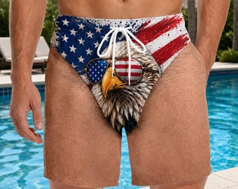 Aangepaste zwembroek voor heren, zwemshort patriottische Amerikaanse vlag, badpak Amerikaanse adelaar, cadeau voor hem
