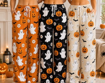 Halloween-pyjamasbyxor, spökpumpa-pyjamasbyxor, läskiga säsongsloungebyxor, söta höstsovkläder, Halloween-present