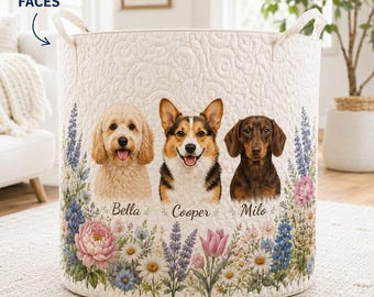Cesto de roupa suja personalizado com estampa de rosto de pet, cesto personalizado para cachorro, organizador floral para animais de estimação, presente para mãe de cachorro, organizador de brinquedos
