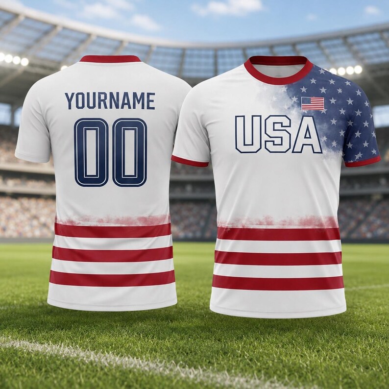 Pu&ograve; includere: Una maglia bianca a maniche corte con strisce rosse sul fondo e una sezione della spalla blu con stelle bianche. La parte anteriore mostra il testo USA e una piccola bandiera americana. Il retro mostra il testo YOURNAME e il numero 00 in blu.