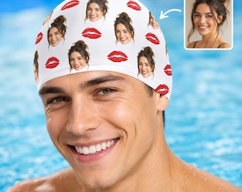 Benutzerdefiniertes Gesicht Badekappe, personalisierte Foto Badekappe, lustige Kuss Lippen Pool Kappe, Paar Geschenk, Erwachsene Kinder Schwimmhut