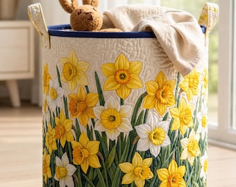Spring Daffodil Quilted Laundry Basket, Yellow Floral Storage Bin, Nursery Toy Hamper, Cottagecore Decor, Gift for Mom