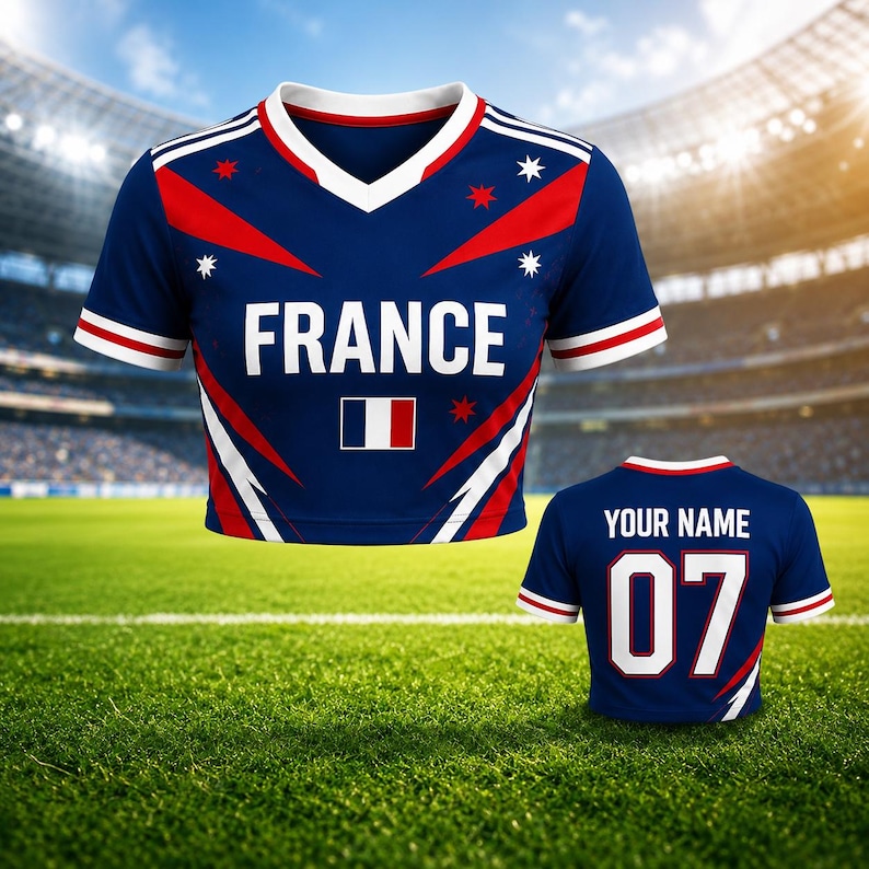May include: A navy blue athletic jersey with the word "FRANCE" in white block letters. The jersey has red and white accents, a V-neck, and a small French flag. A second jersey shows "YOUR NAME" and the number "07".