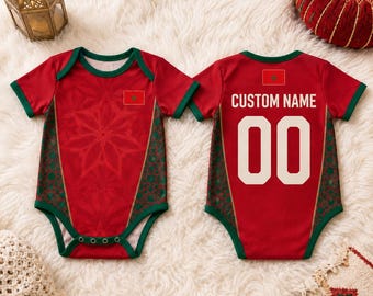 Personalized Morocco Baby Bodysuit, Custom Name Number Infant Soccer Jersey, Moroccan Flag Baby Outfit, Football Fan Gift