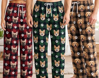 Pantalones de pijama personalizados con cara, pijamas personalizados con foto de mascota, pantalones de dormir a cuadros para perros y gatos, conjunto navideño familiar a juego.