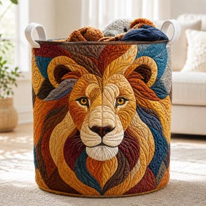 May include: A round storage basket with a lion face design. The basket is made of quilted fabric in shades of brown, orange, yellow, and blue. It has white handles and is filled with stuffed animals.