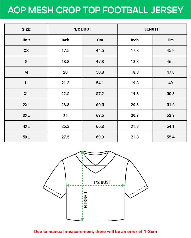 May include: A diagram of a mesh crop top football jersey with size measurements in inches and centimeters. The chart includes sizes XS to 5XL, with bust and length measurements. The text at the top reads "AOP MESH CROP TOP FOOTBALL JERSEY."