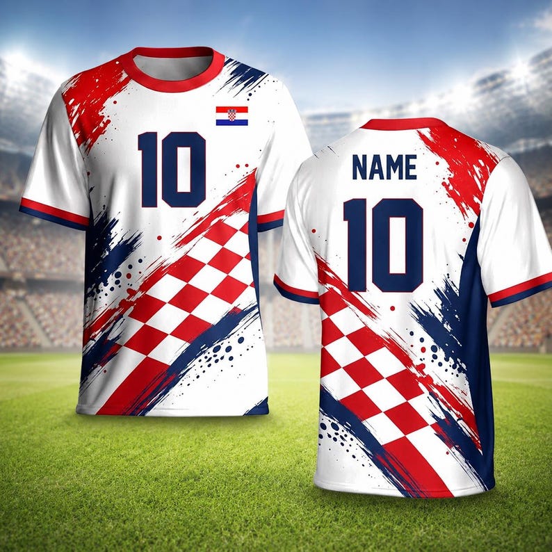 May include: White soccer jersey with red and blue brushstroke design, a Croatian flag, and the number 10 in navy blue. The jersey has a red and white checkered pattern and the word "NAME" on the back.