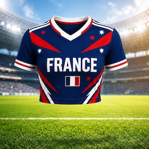 May include: A navy blue crop top with the word "FRANCE" in white block letters. The top features red and white accents, a V-neck collar, and the French flag. The background shows a stadium with a green field.